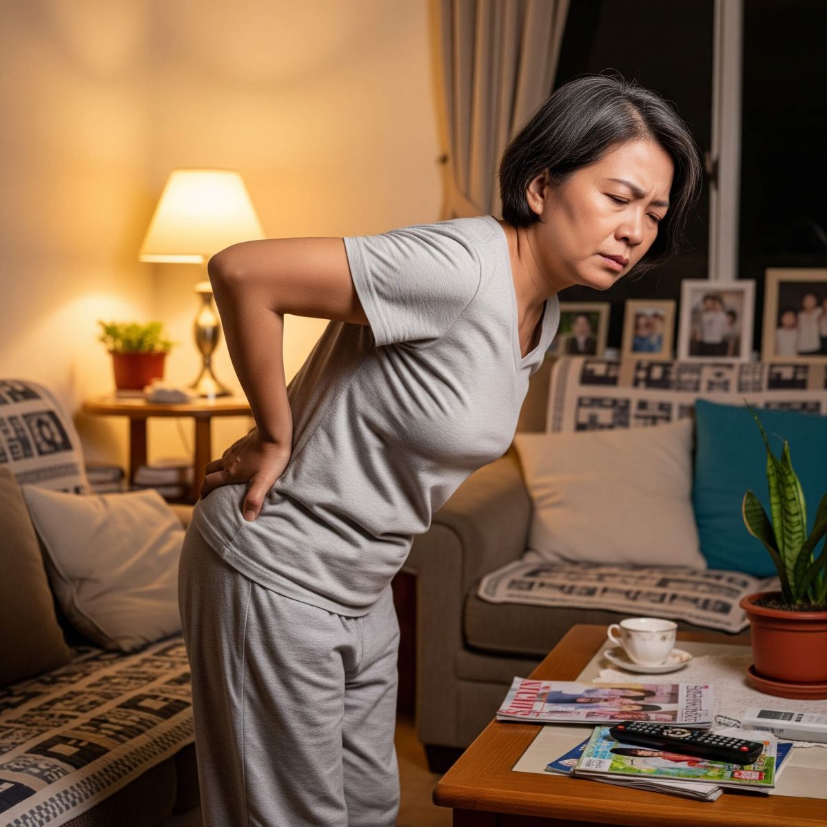 在家中的客廳,一位中年婦女因長時間姿勢不良或過度勞累,導致腰部痠痛,她正彎著腰、手扶著下背部,表情顯得相當不舒服。